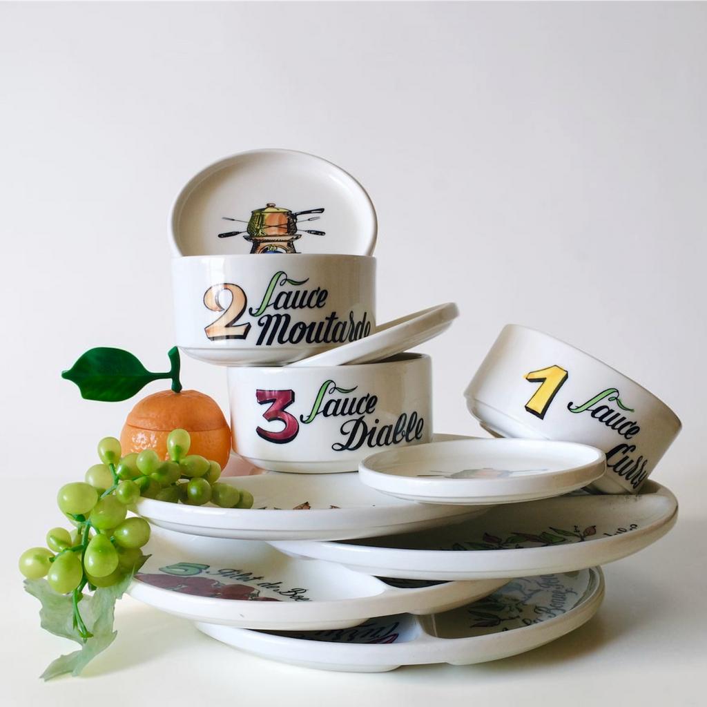 Vintage Gien borden en schaaltjes voor Gourmet Fondue ‘70s, Huis en Inrichting, Ophalen of Verzenden, Zo goed als nieuw, Overige stijlen