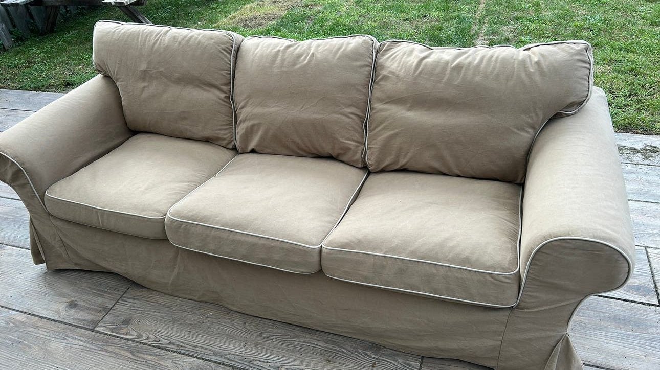 Comfortabele 3-zits bank - Beige stof, Ophalen, Gebruikt, Driepersoons, 75 tot 100 cm