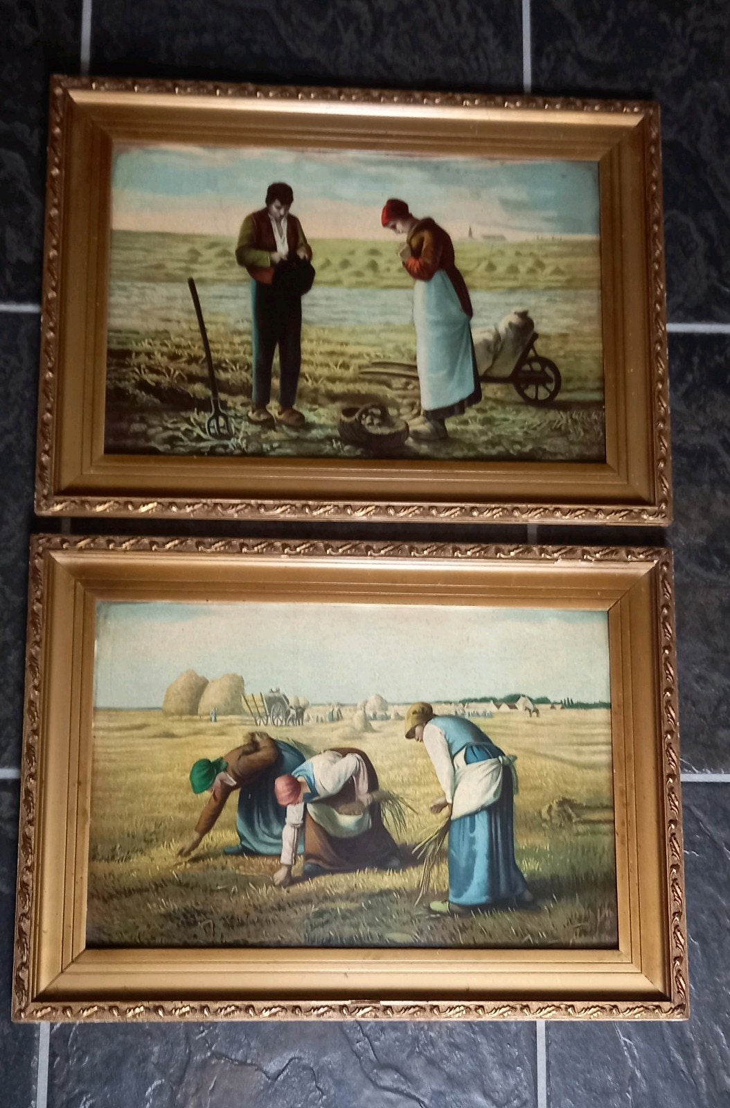 Set van 2 antieke ingelijste prenten: Jean-François Millet, Ophalen
