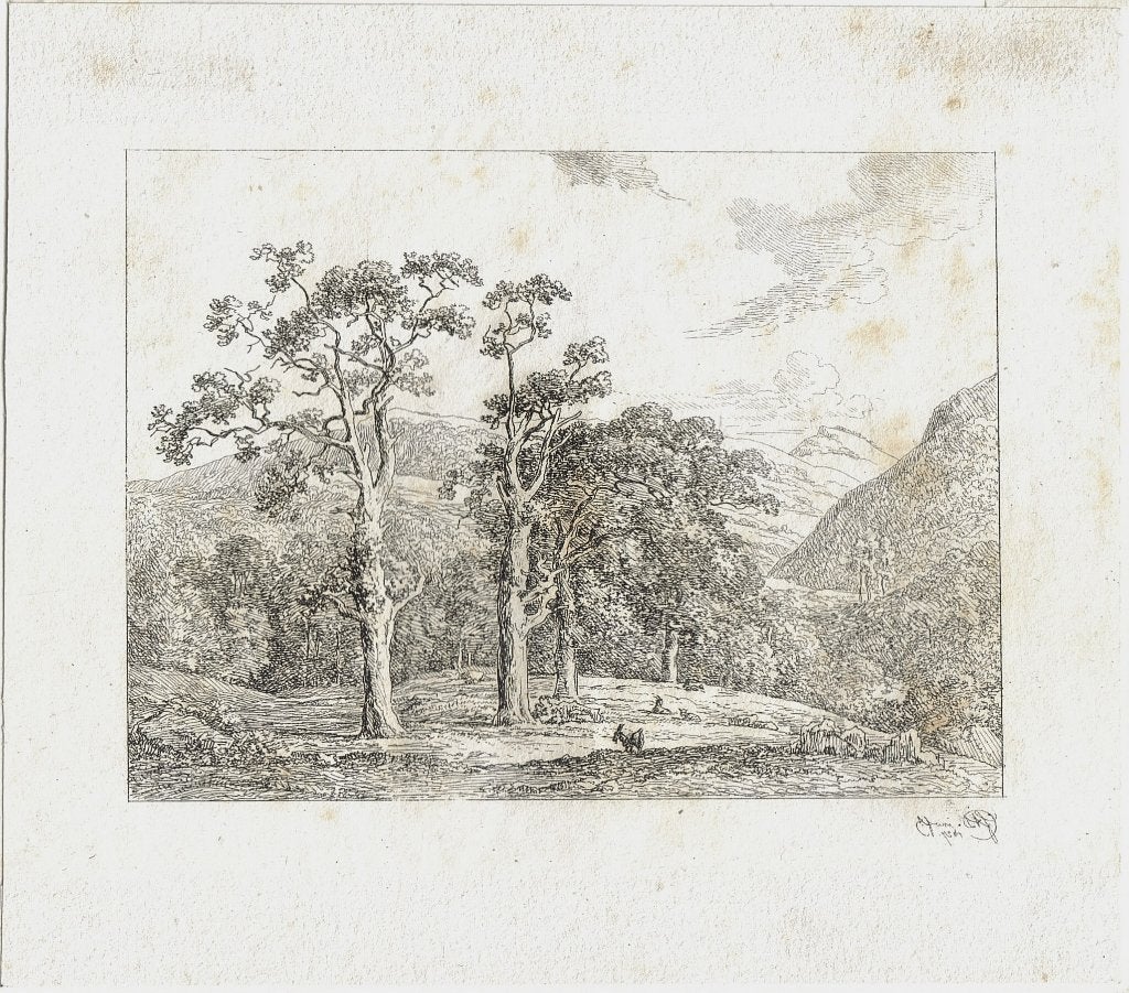 Monogram FTS ets "Heuvellandschap met Bomen en Geit", 1827, Antiek en Kunst, Ophalen, 1800 - 1899, Ets, Origineel