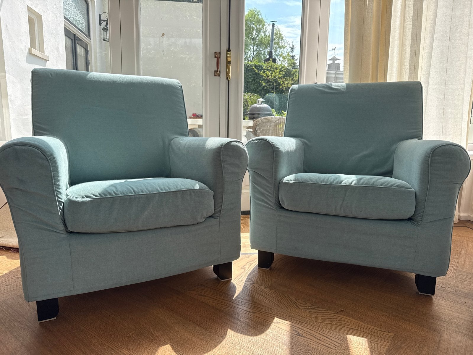 Twee comfortabele Gronlid fauteuils met mintgroene hoezen, Huis en Inrichting, Fauteuils, Ophalen, Zo goed als nieuw, Stof, 75 tot 100 cm