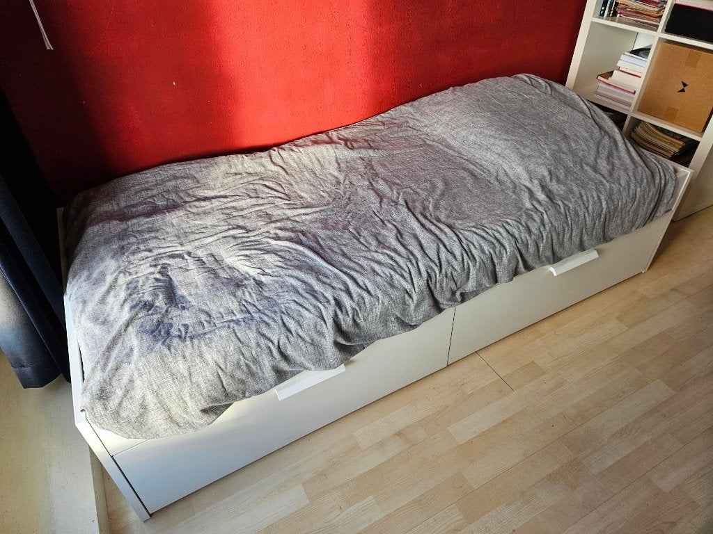 Bed met 2 lades eenpersoons Ikea Brimnes, Ophalen, 90 cm, Eenpersoons, Wit