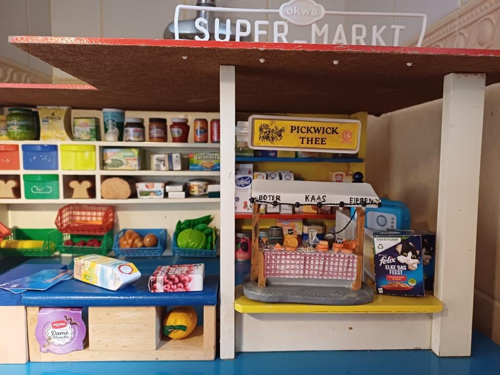 Vitage jaren 70 OKWA Supermarkt incl alle boodschappen., Ophalen, Gebruikt, Poppenhuis