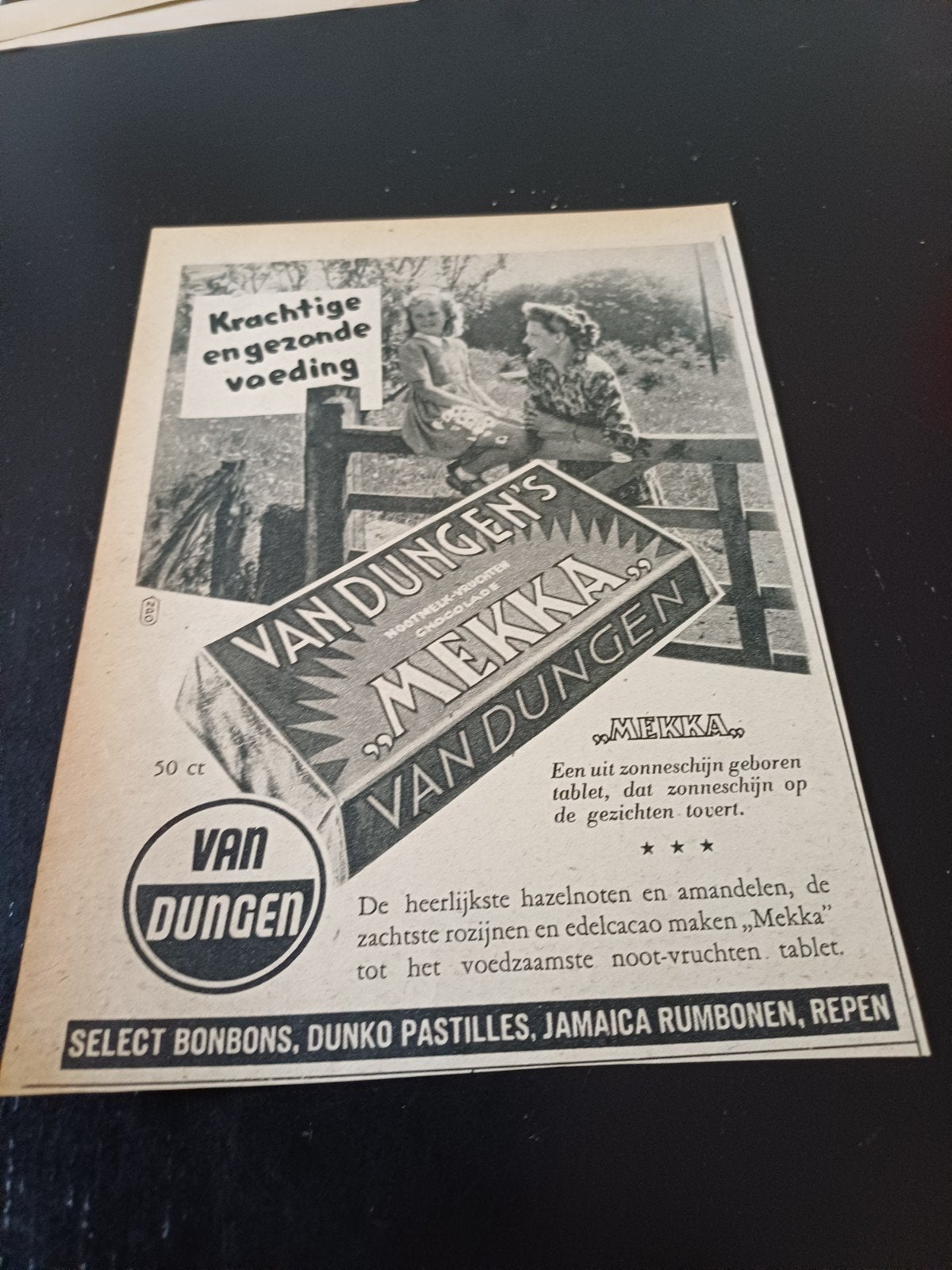 advertentie van Dungen Mekka chocolade 1951, Ophalen of Verzenden, Zo goed als nieuw, Overige typen
