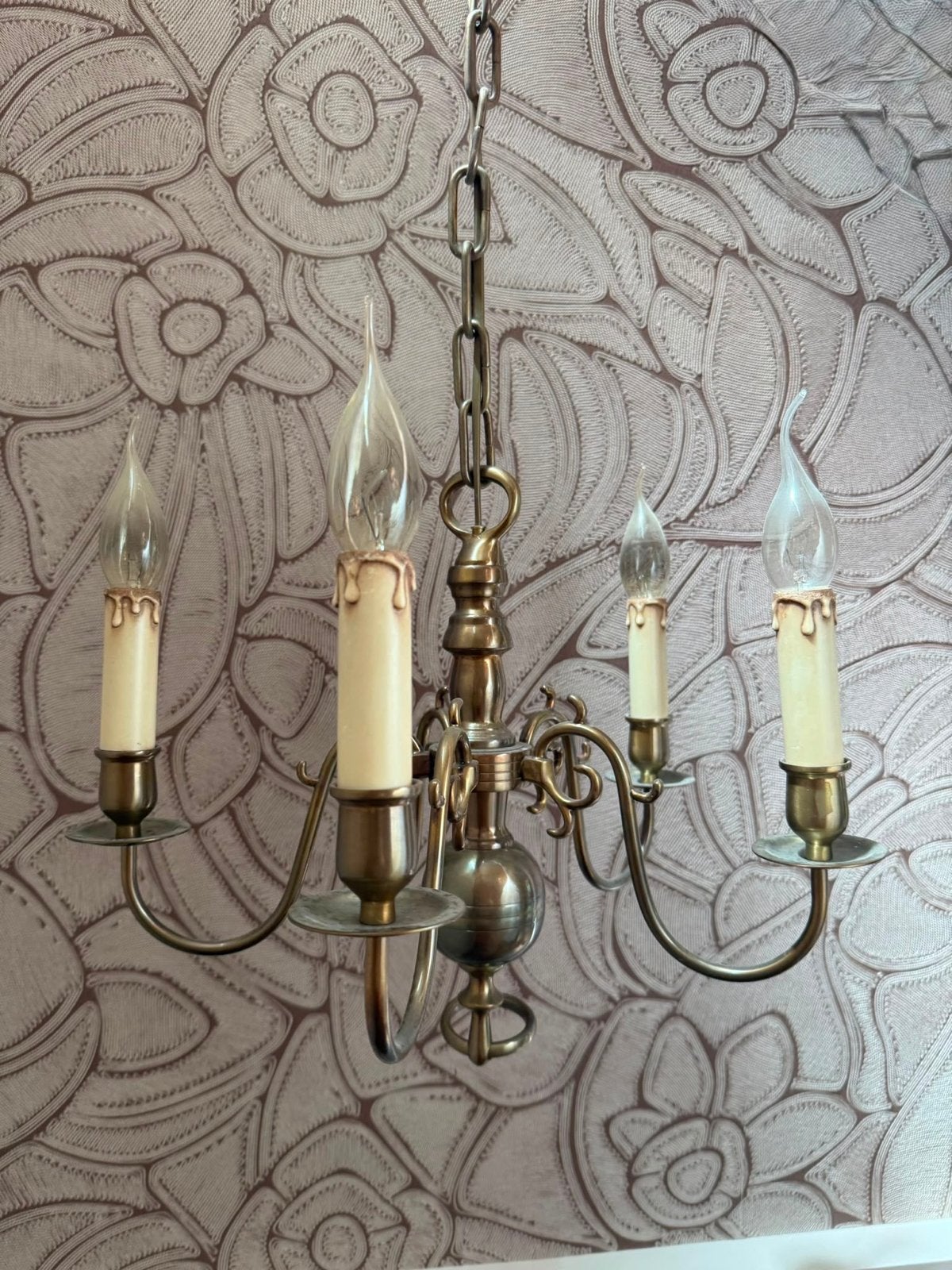 Antieke bronzen kroonluchter met 5 kaarslampen, Huis en Inrichting, Lampen | Kroonluchters, Ophalen, Gebruikt, Metaal, E14 (klein)
