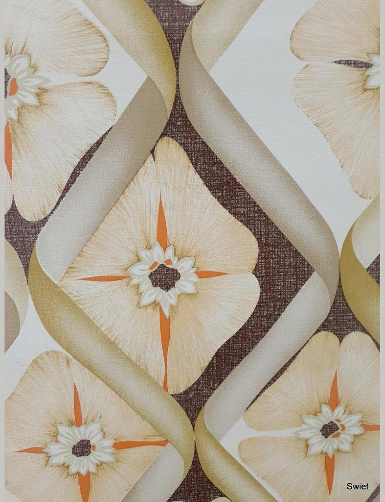 6646 geometrisch bloemenbehang 70s crème oranje bruin swiet, Huis en Inrichting, Stoffering | Behang, Verzenden, Minder dan 10 m²