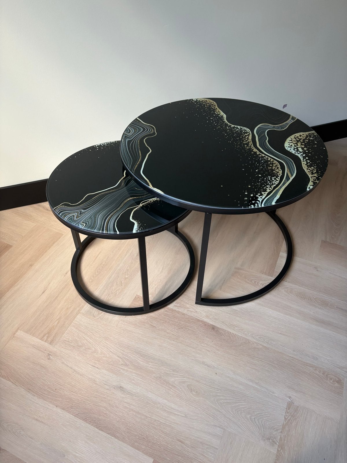 Salontafel set van 2, zwart met goud/zilver marmerlook