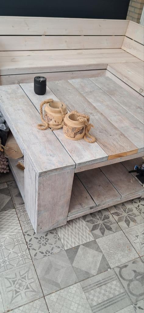 Steigerhouten tuintafel op wieltjes - 95x100x55 cm, Ophalen, Gebruikt, Rechthoekig, Hout