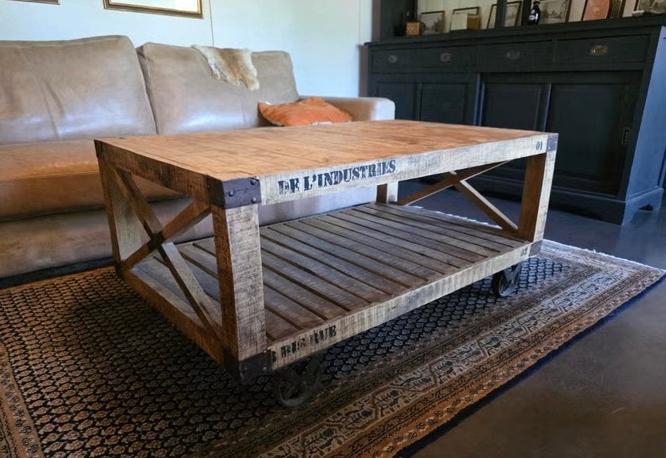 Industriele salontafel op wielen - 120.5x77x54.5, Ophalen, 50 – 75, 100 tot 150 cm, 50 tot 100 cm