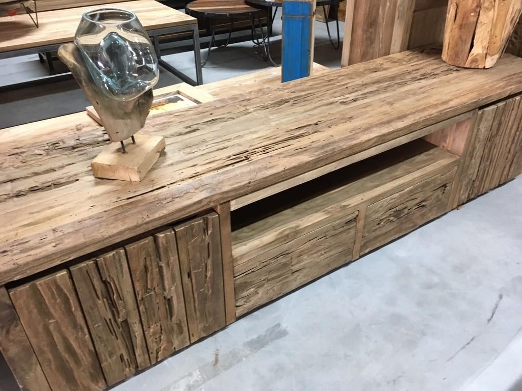Audiomeubel extra grof teak, gerecycled, tv-meubel, uniek, 150 tot 200 cm, Teakhout, Nieuw, Ophalen of Verzenden