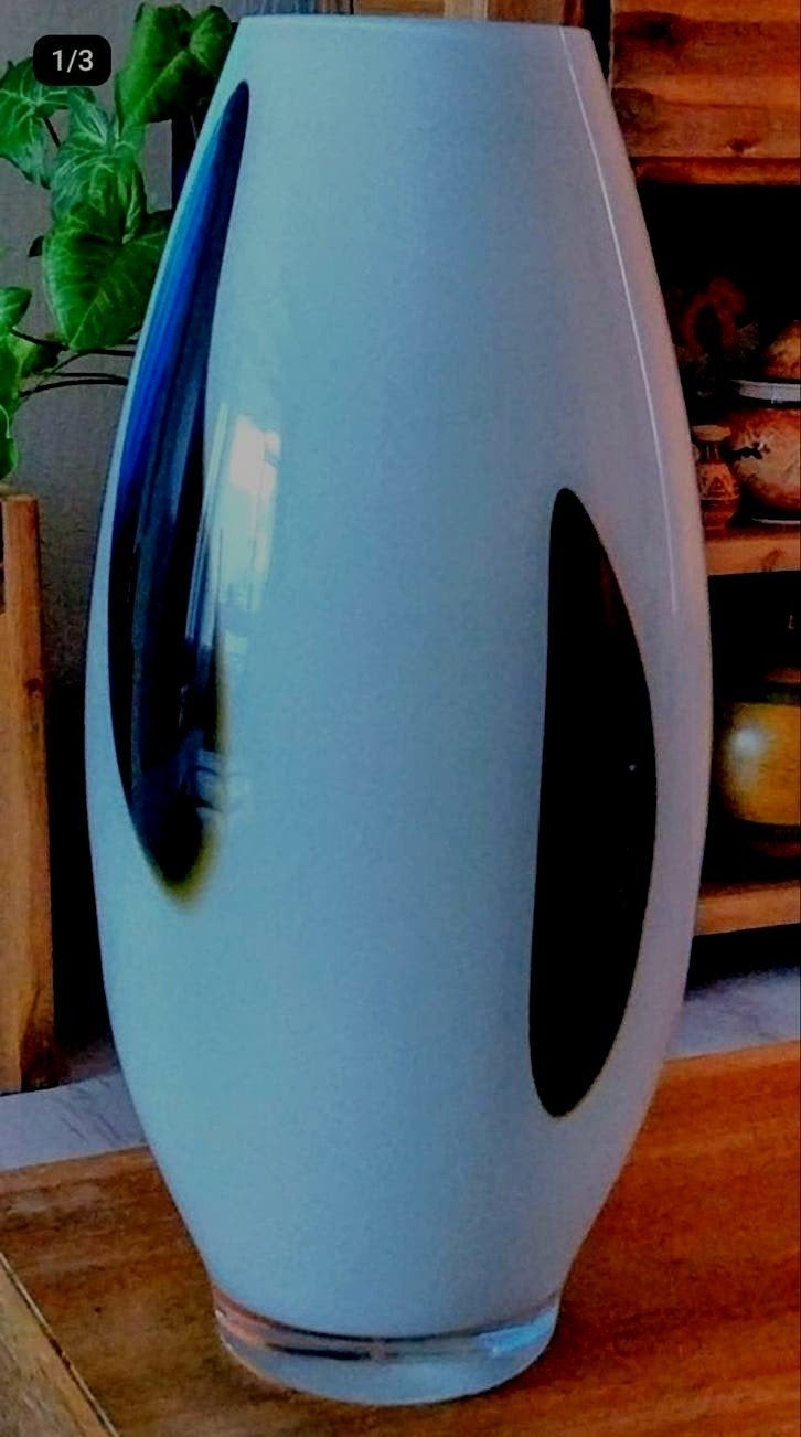 Moderne glazen vaas wit met zwart, 35x17 cm, Ophalen of Verzenden