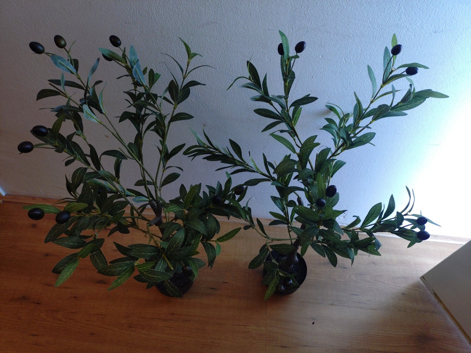 2 mooie kunst olijf planten + gratis 2 plantenpotten, Ophalen, Zo goed als nieuw, Binnen