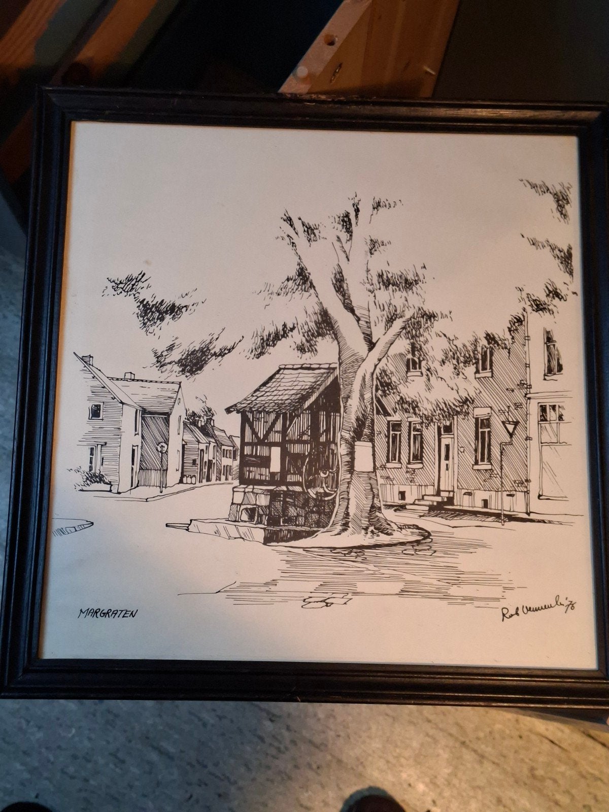 Ingelijste pentekening van Rod Veenhuizen, 1976, Ophalen of Verzenden, Tekening, Pentekening, Ingelijst