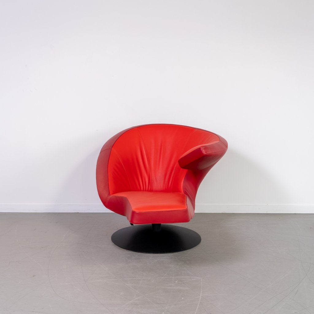 1x Leolux Parabolica Fauteuil Oranje/Rood Leer - Zwart, Niet ingevuld, 125 tot 150 cm, Niet ingevuld, Nieuw