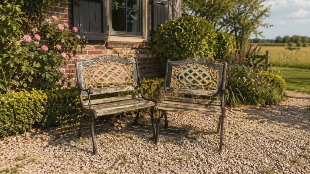 Set van 2 Vintage Tuinbankjes - Gietijzer & Hout, Ophalen, Gebruikt, Hout