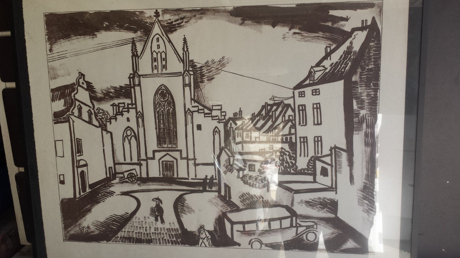 Ets van Jan van Eijck - Stadsgezicht met kerk, Ophalen, Ets, Stadsgezicht, Gesigneerd