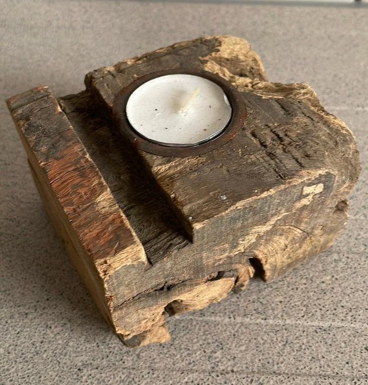Houten waxinelichthouder kandelaar wrakhout hout, Huis en Inrichting, Ophalen of Verzenden, Zo goed als nieuw, Hout, Kandelaar