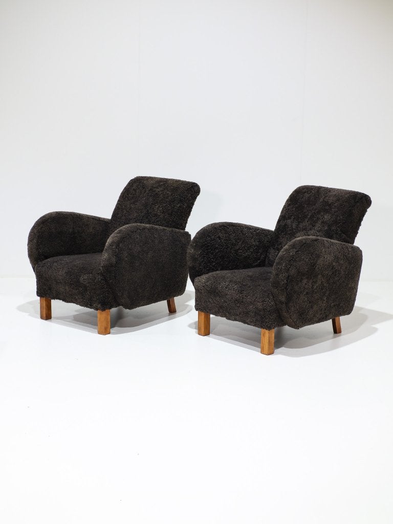 2 Fauteuils schapenwol Deens 1940s vintage art deco, Huis en Inrichting, Ophalen, Hout, -, -