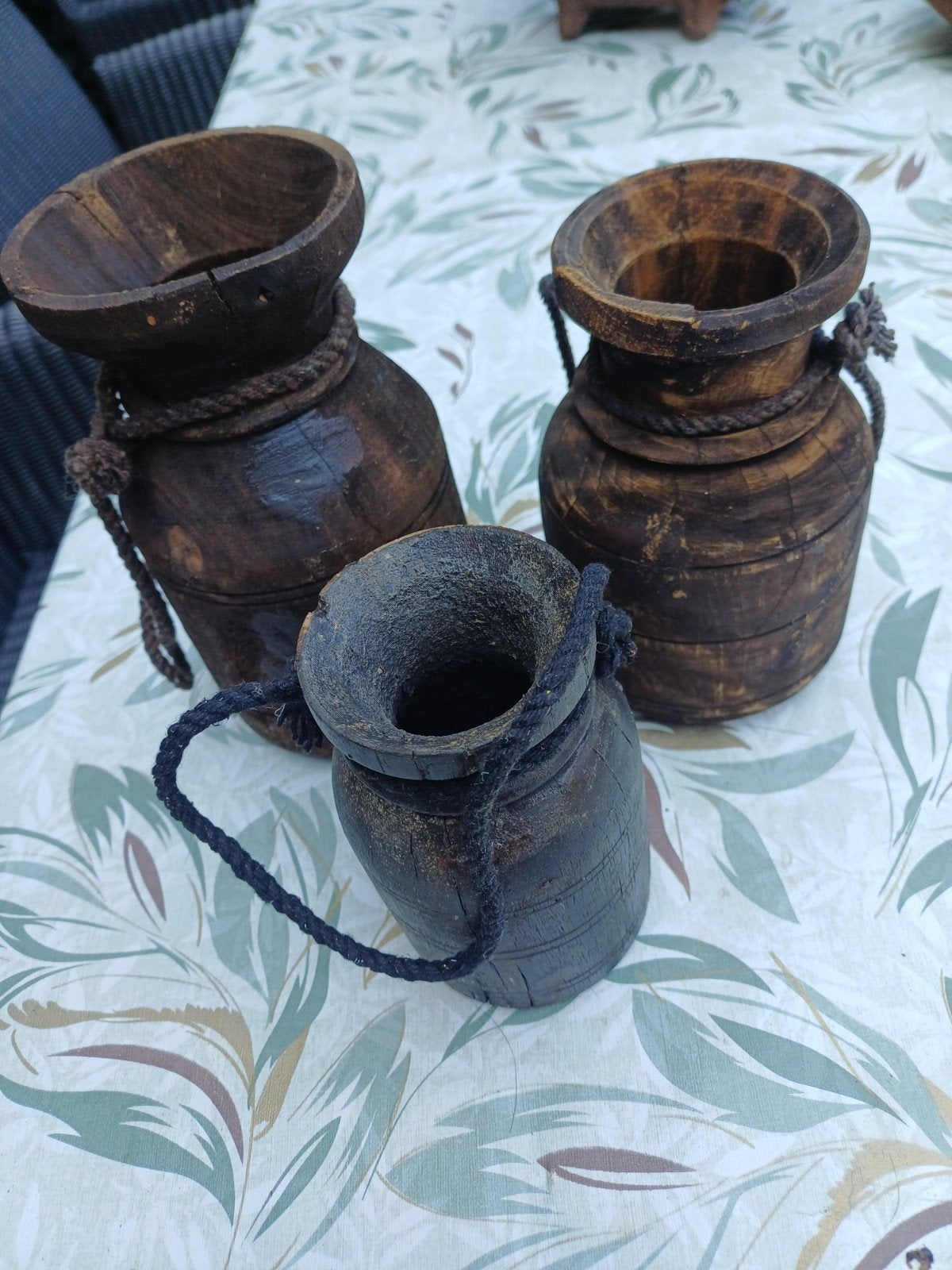 Oude houten sobere nepalese kruiken set 3., Ophalen, Bruin, Overige typen, Zo goed als nieuw