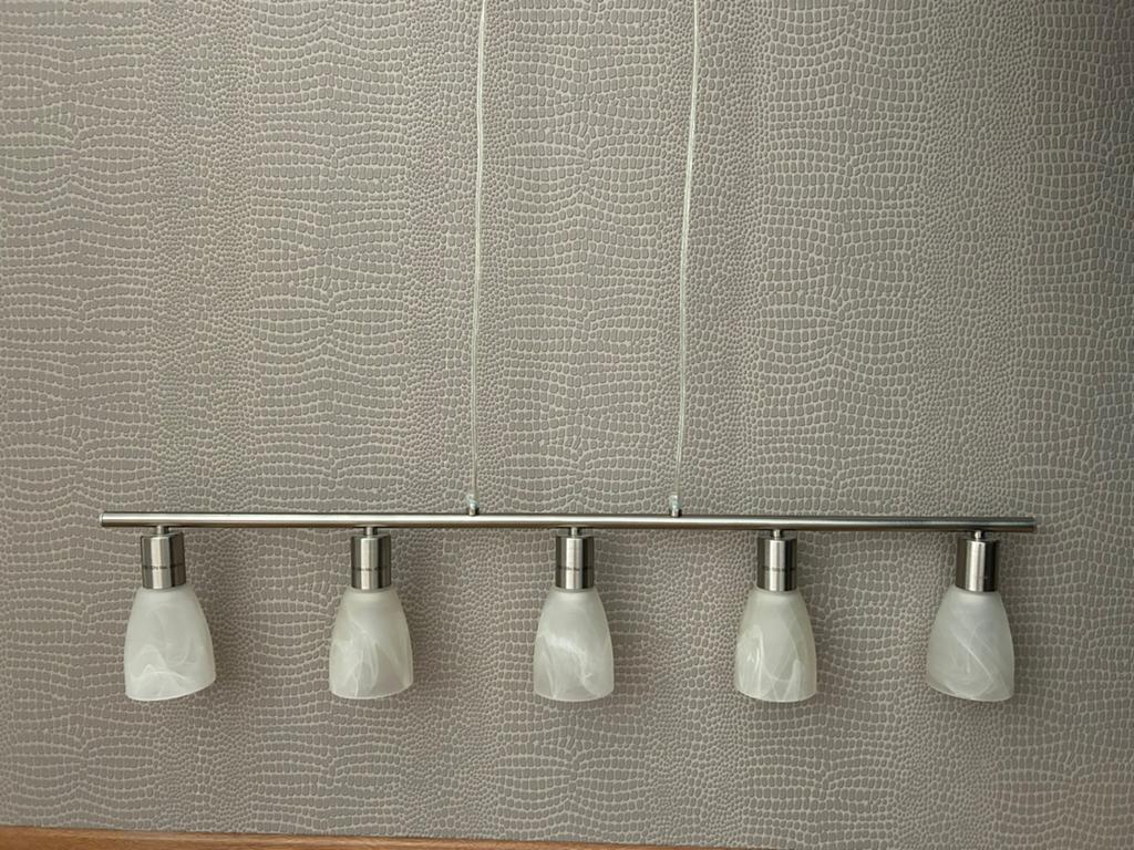 5-kaps hanglamp - melkglas, Huis en Inrichting, Lampen | Hanglampen, Ophalen, Zo goed als nieuw, Glas, 75 cm of meer