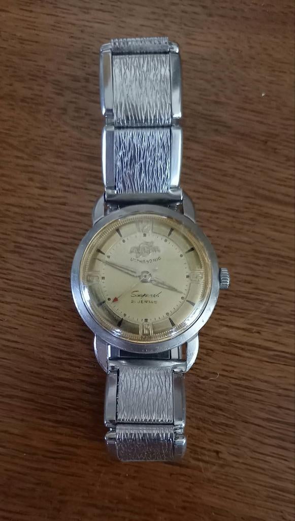 Vintage enicar ultrasonic seapearl 21 jewels herenhorloge, Ophalen, Gebruikt, Leer, Overige merken
