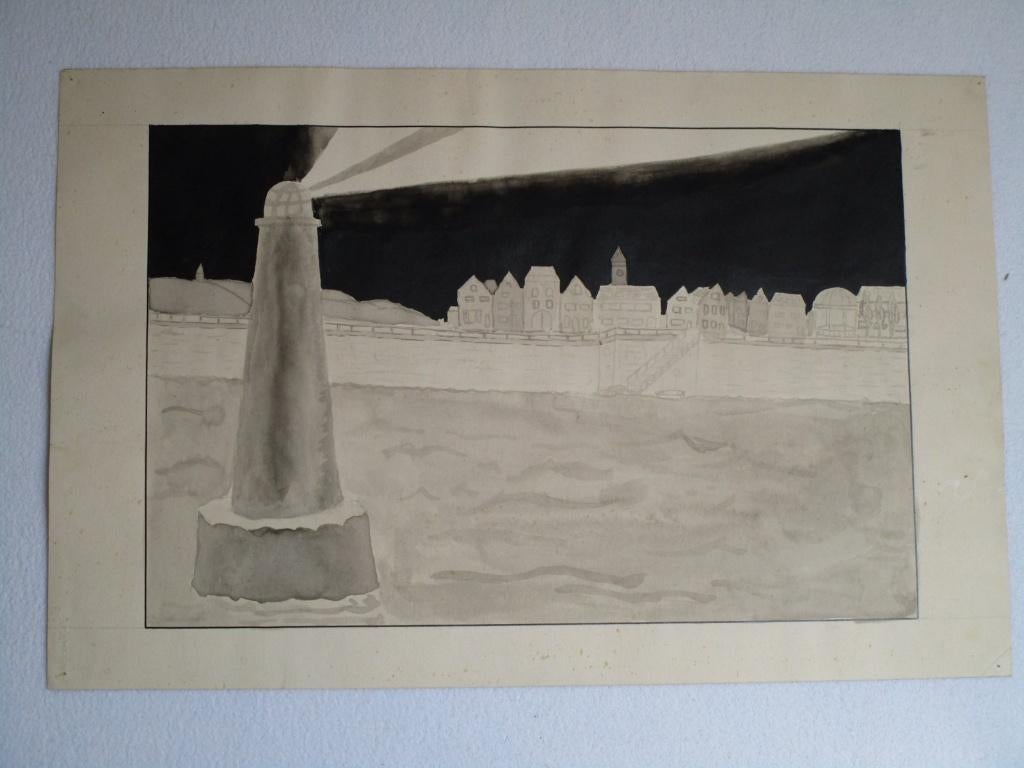Nr.59: Oude tekening Aquarel Schilderij Vuurtoren met Skylin, Ophalen of Verzenden