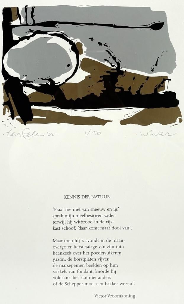 1354. Zeefdruk, Ted Felen met gedicht Victor Vroomkoning, Ophalen of Verzenden