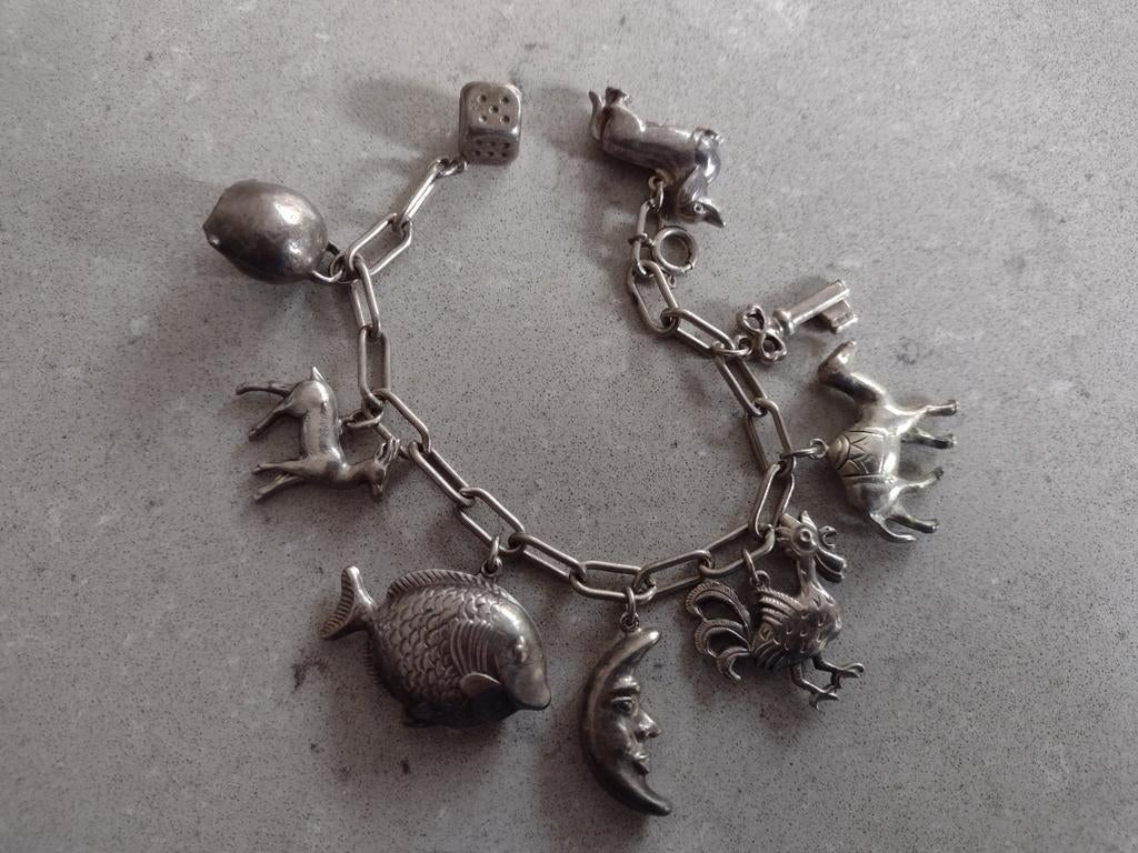 Zilveren bedelamband  jaren 60, Sieraden, Tassen en Uiterlijk, Antieke sieraden, Ophalen of Verzenden, Zilver, Armband