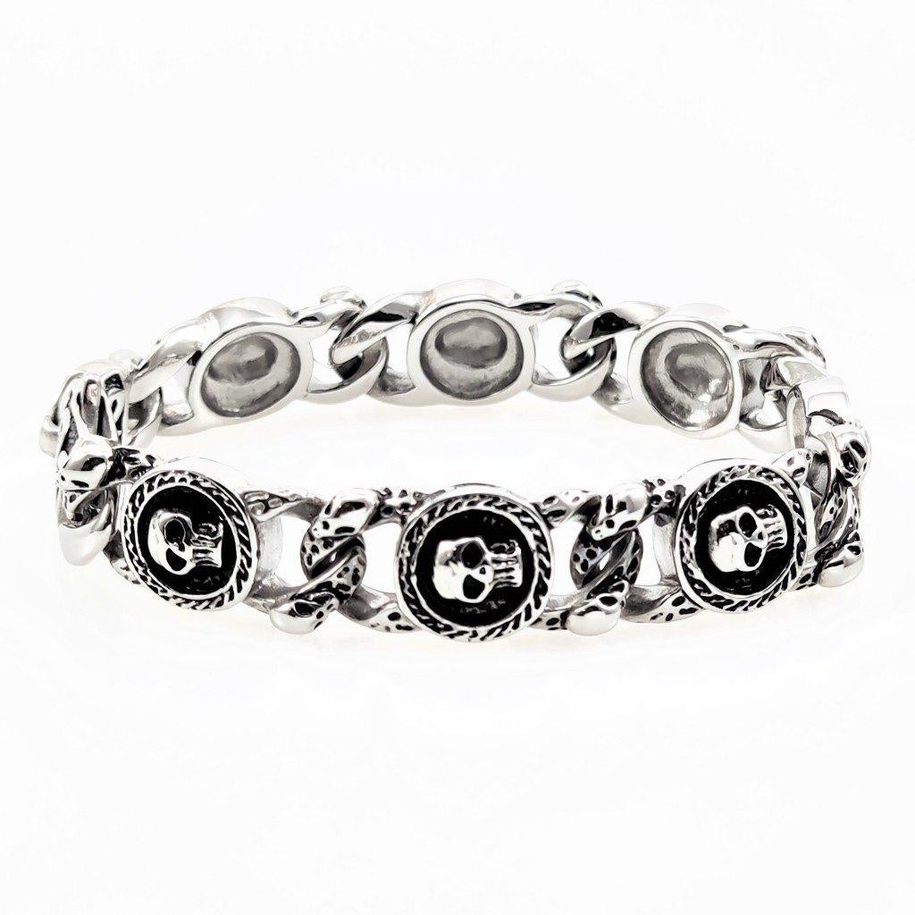 Roestvrij Stalen Heren Armband met Schedels - RVS 15mm 22cm, Staal, Birgitta-Gracht 33, 6465 EL Kerkrade, Nederland, Verzenden