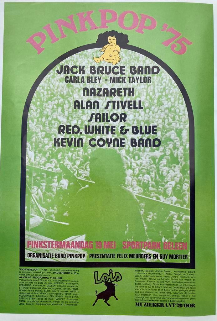 Paginagrote A3 advertentie PINKPOP 1975 NAZARETH Jack Bruce, Ophalen of Verzenden