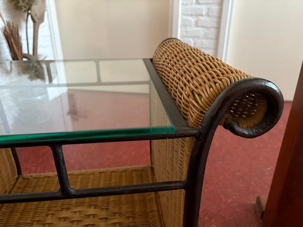 Vintage bijzettafel met glazen blad, 45 tot 60 cm, Gebruikt, Glas, Rechthoekig