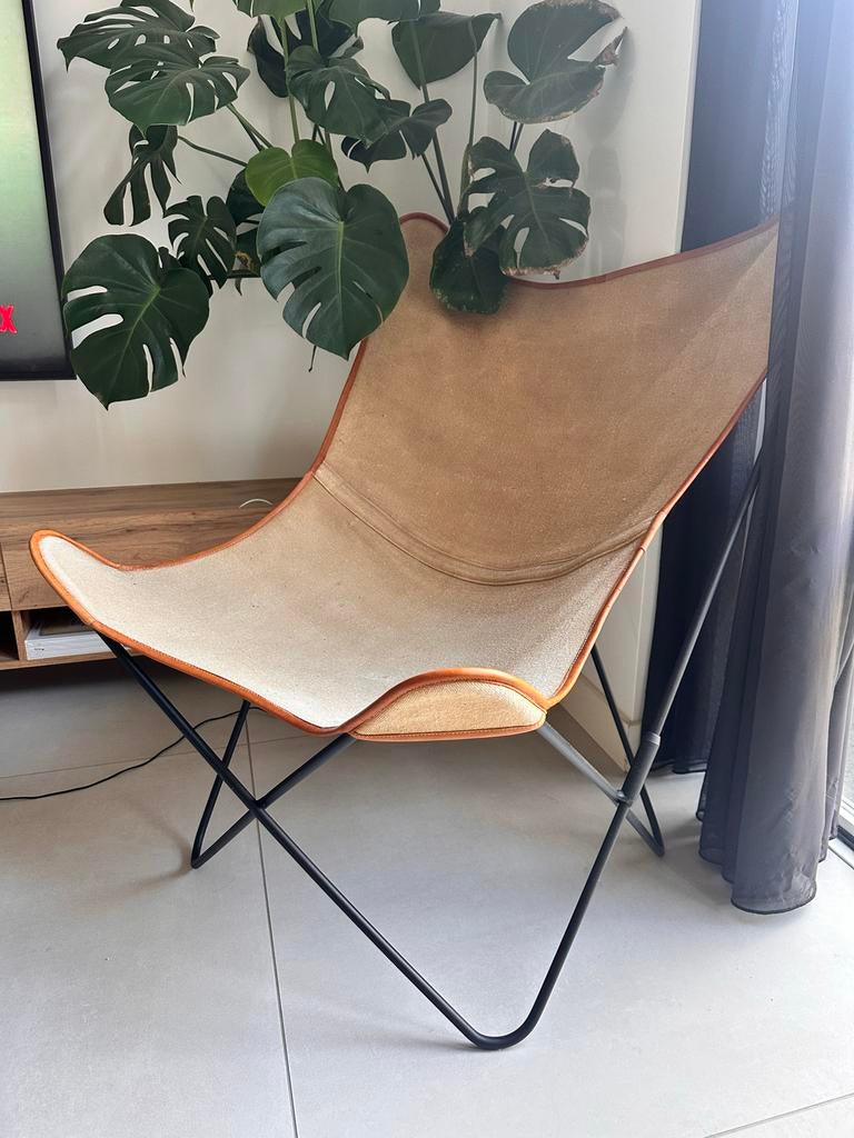 Vlinderstoel / Butterfly Chair - Beige Canvas, Ophalen, Bruin, Zo goed als nieuw, Metaal