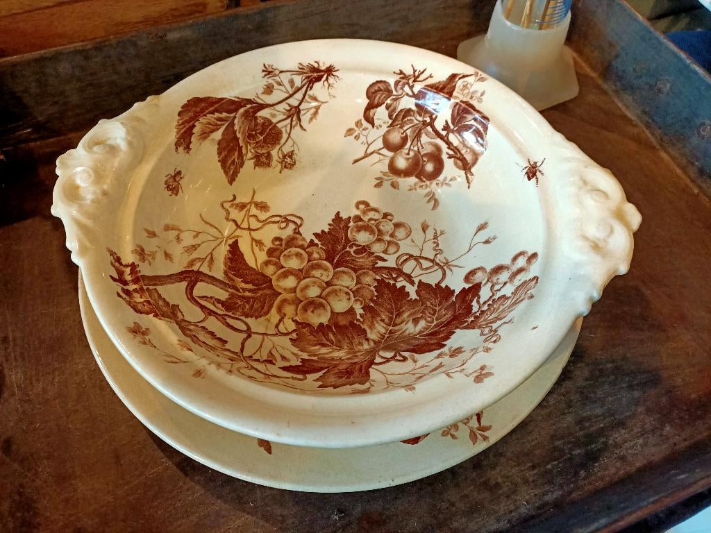 Antieke schaal en bord FRUITS bruin transferdecor, Frans, Antiek en Kunst, Antiek | Servies los, Ophalen of Verzenden