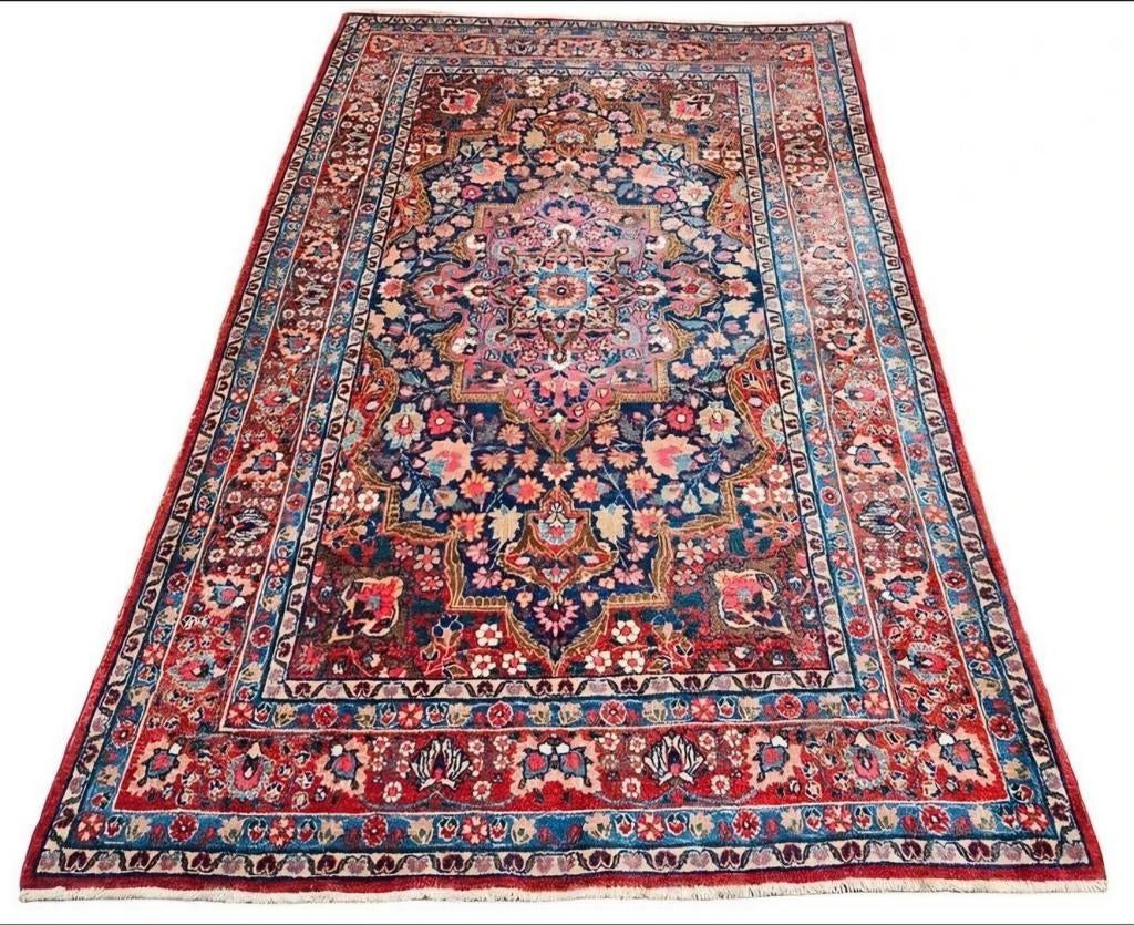 Handmade Persian wool Yazd carpet medallion 125x191cm, Crème, Gebruikt, 100 tot 150 cm, Onbekend