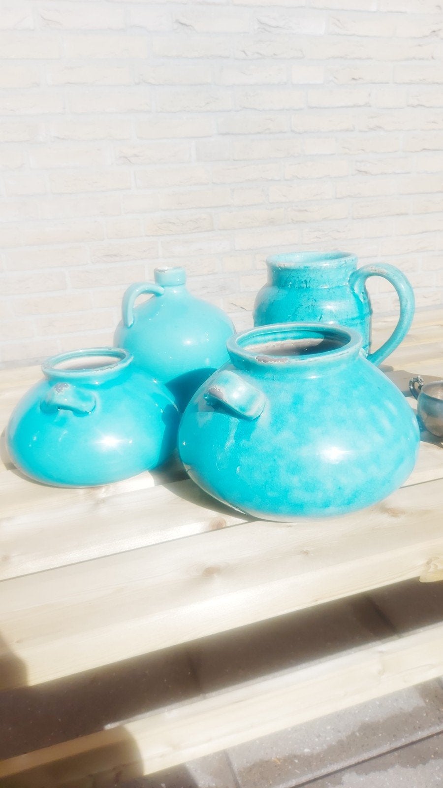 Set van 4 turquoise potjes/vazen, Huis en Inrichting, Woonaccessoires | Vazen, Ophalen, Gebruikt, Overige kleuren, Geschikt voor buiten