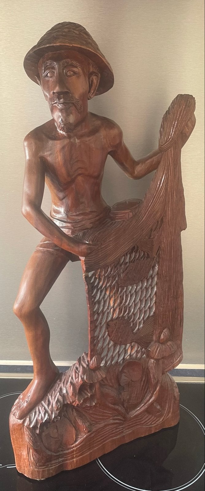 Handgesneden houten beeld van visser met net, Ophalen, 50 - 100 cm, Handgemaakt, Beeld