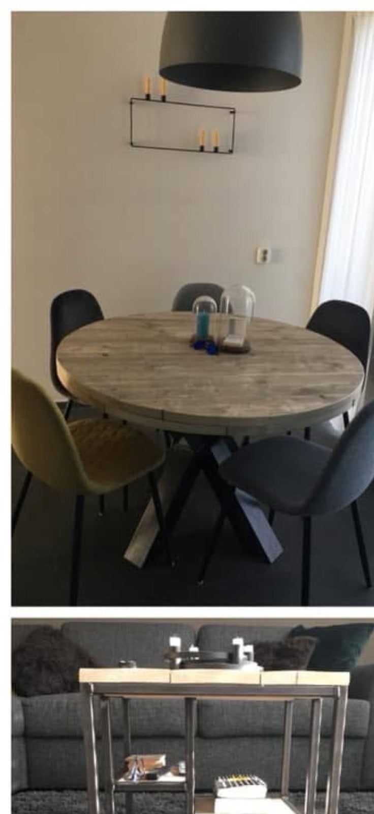 Houten tafel met stalen poot, Huis en Inrichting, Tafels | Eettafels, Ophalen, Gebruikt, Rond, Vier personen