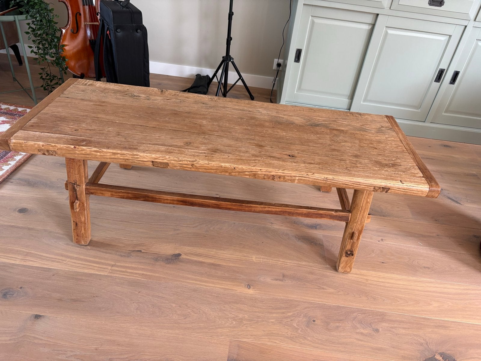 Robuuste houten salontafel 150x50 cm, Ophalen, Gebruikt, 50 tot 100 cm, 150 tot 200 cm