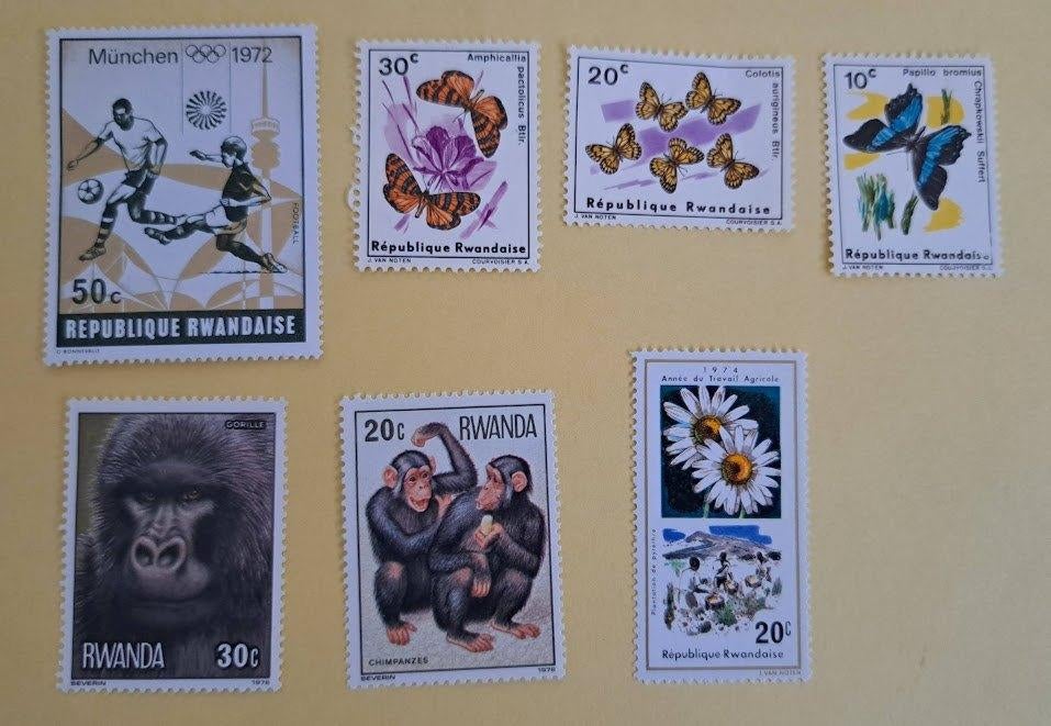 Rwanda (7 zegels) postfris vlinders apen, Ophalen of Verzenden, Overige landen, Gestempeld