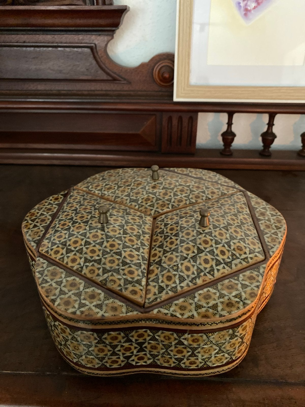 Khatam Kari doos met 3 vakken - 19,5x21 cm, Antiek en Kunst, Ophalen of Verzenden