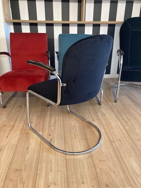 6 Gispen 413 RL, chroom frame, nieuwe zwarte ribstof, Zwart, Design, Zo goed als nieuw, Stof