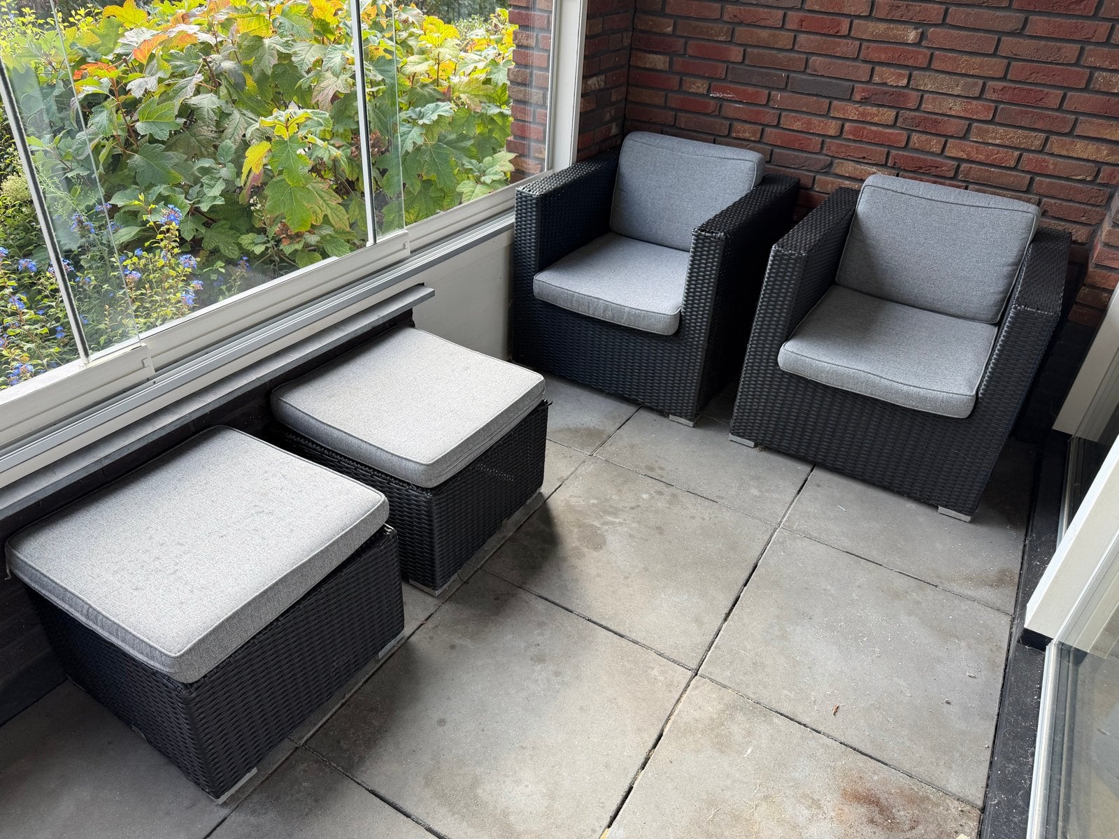 Wicker Loungeset met 2 Stoelen en 2 Hockers, Tuin en Terras, Gebruikt, Loungeset, Wicker, Stoel