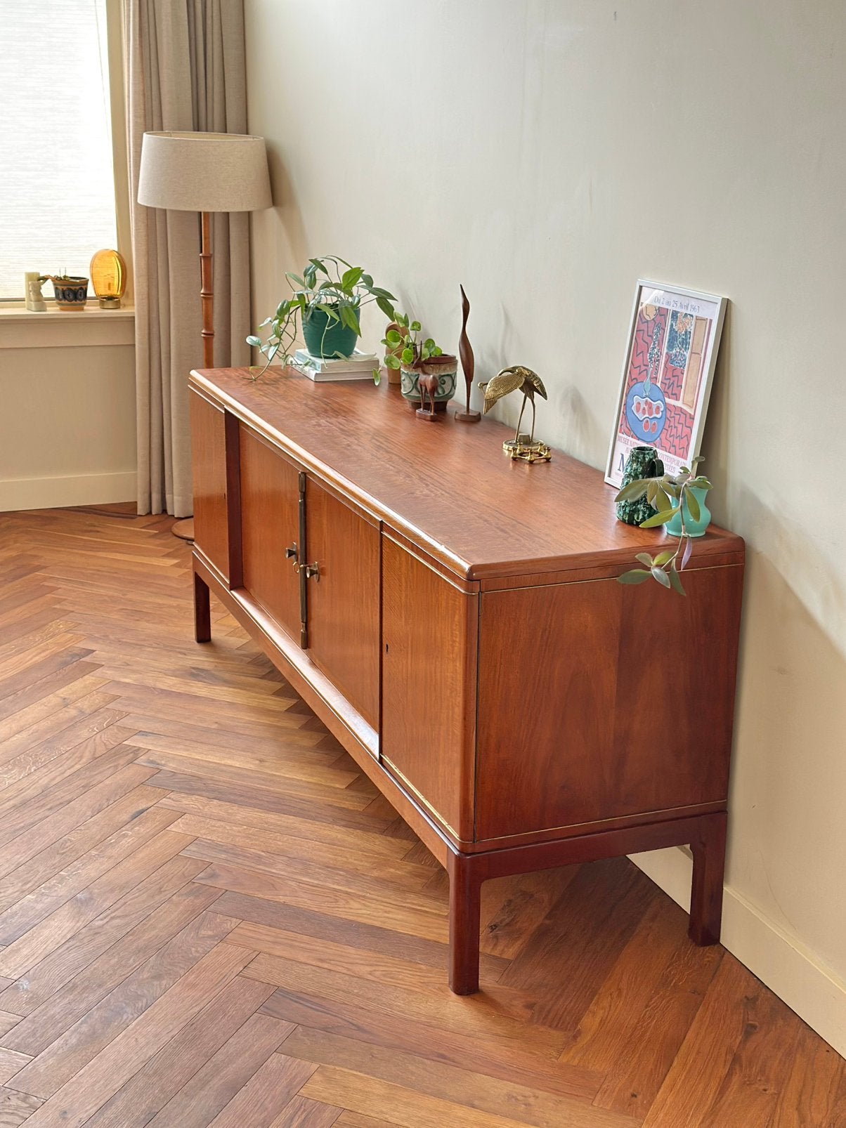 Vintage dressoir teak hout deens messing jaren 50/60/70, Ophalen, Teakhout, 200 cm of meer, Deens design