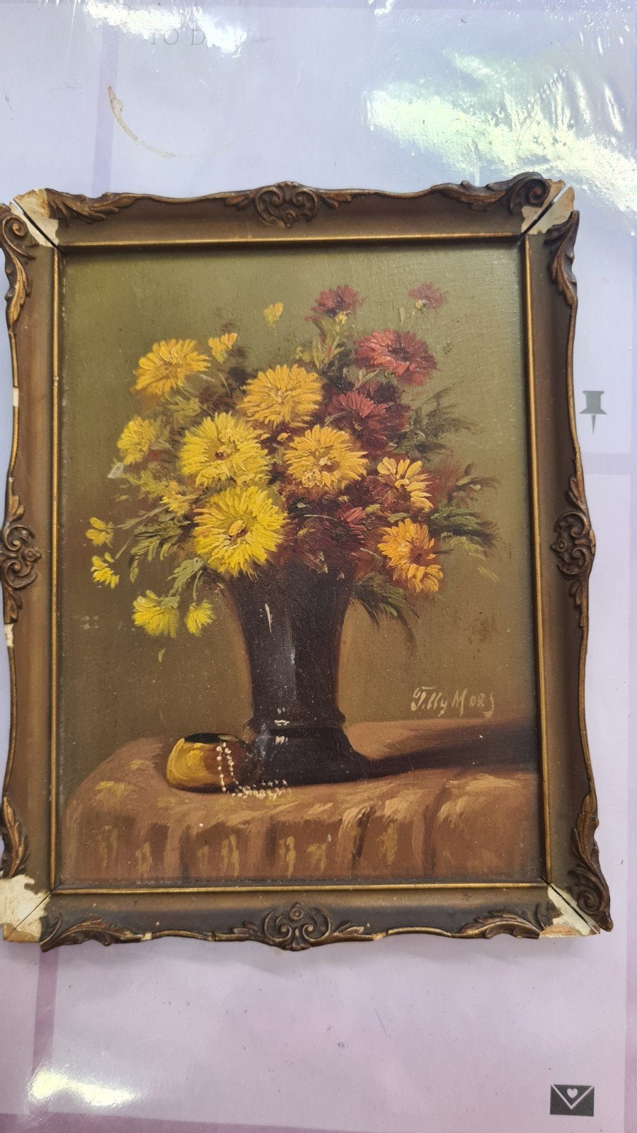 Stilleven met chrysanten  - Gesigneerd Tilly Moes, Antiek en Kunst, Ophalen of Verzenden