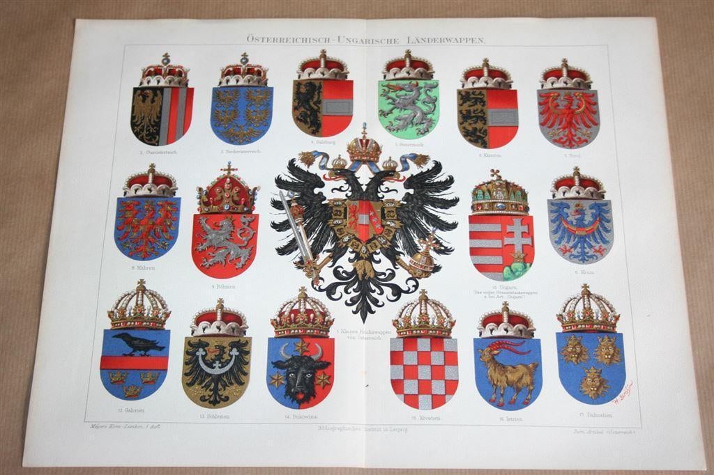 Antieke kleurenlitho - Heraldiek Oostenrijk-Hongarije 1900, Antiek en Kunst, Ophalen of Verzenden