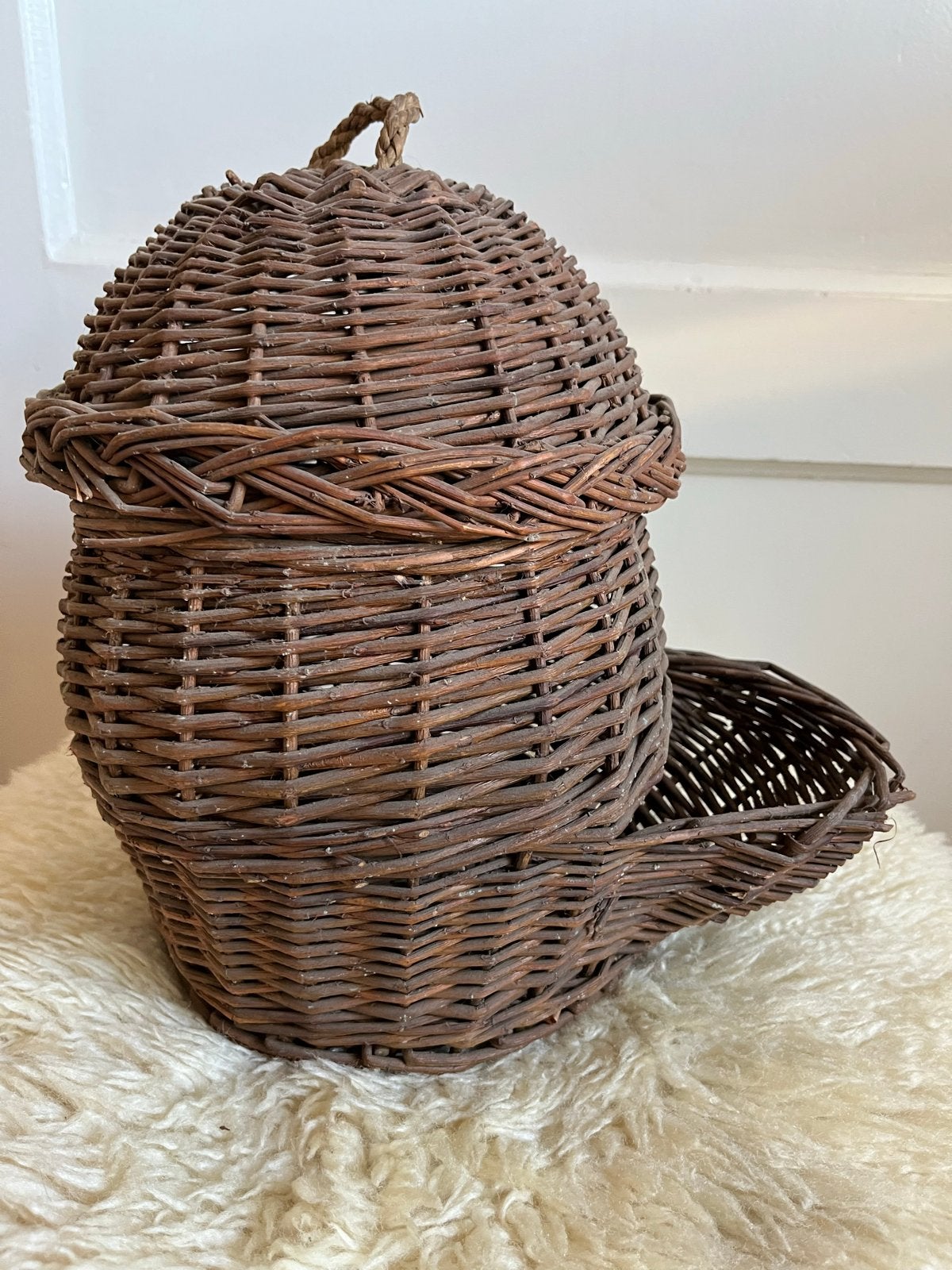Vintage rotan rieten uien- aardappelen mand met deksel, Ophalen