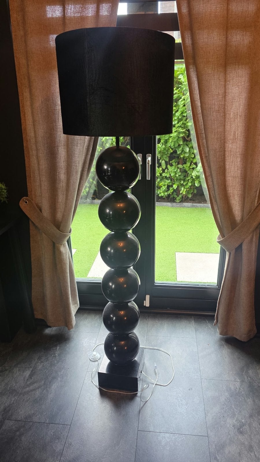 Stijlvolle zwarte bollamp met stoffen croco kap, Ophalen, 100 tot 150 cm, E27 (groot), Zo goed als nieuw
