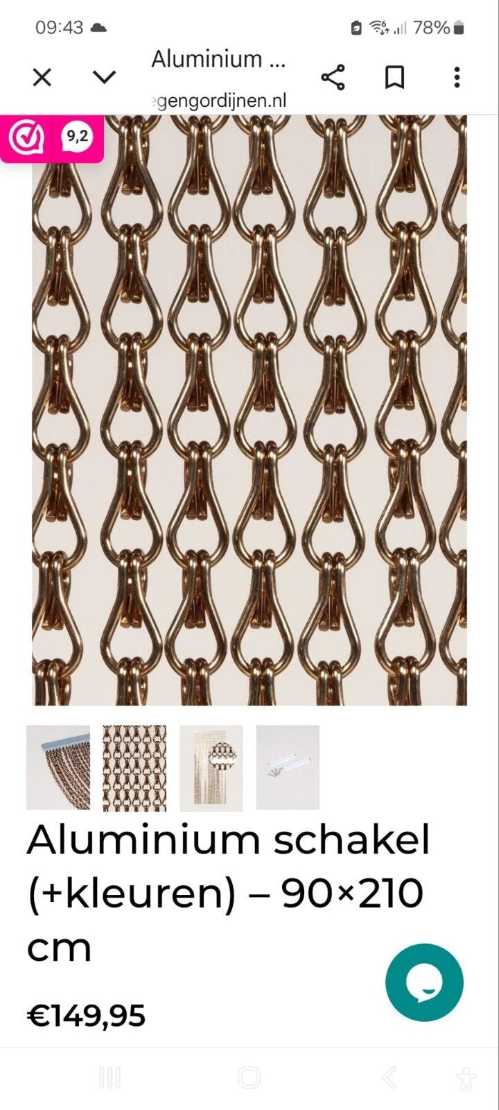 Vliegengordijn aluminium schakels bronskleurig, Ophalen, 90 cm, 210 cm, Metaal