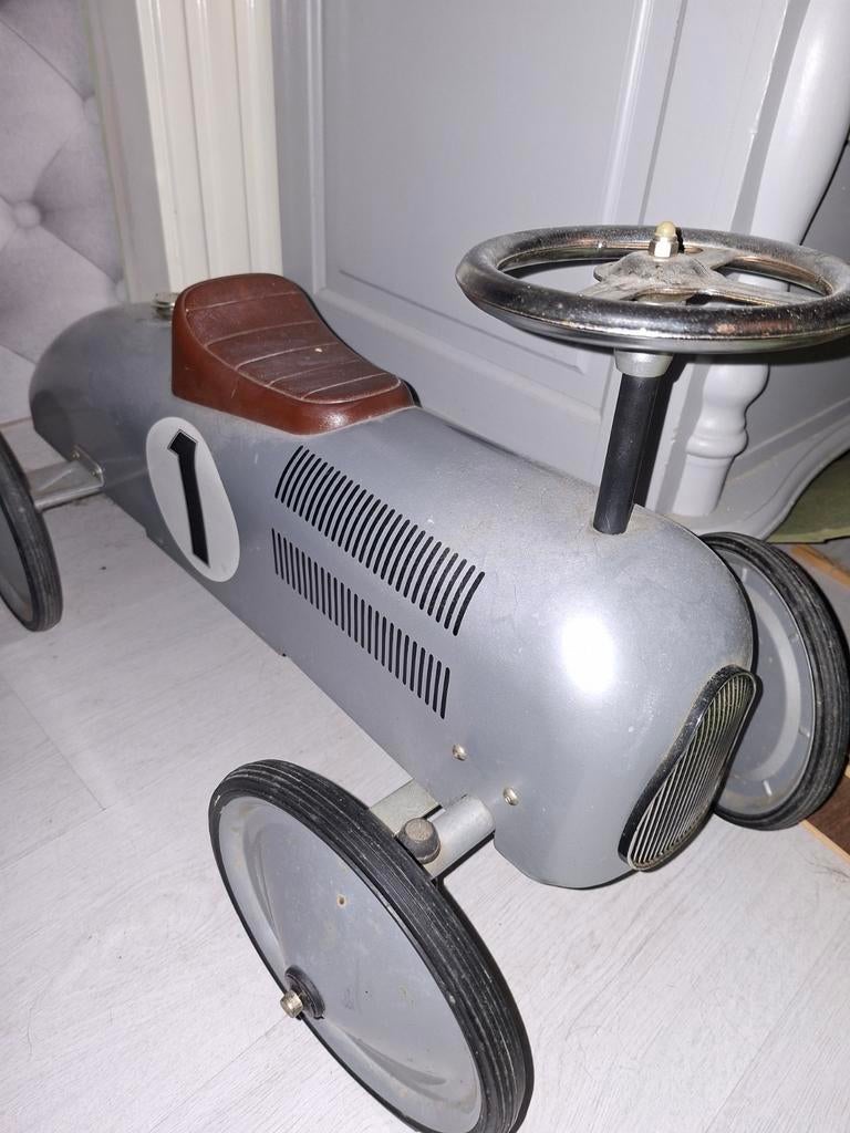 Vintage trapauto raceauto nr. 1 - grijs, Kinderen en Baby's, Speelgoed | Speelgoedvoertuigen, Gebruikt, Ophalen of Verzenden