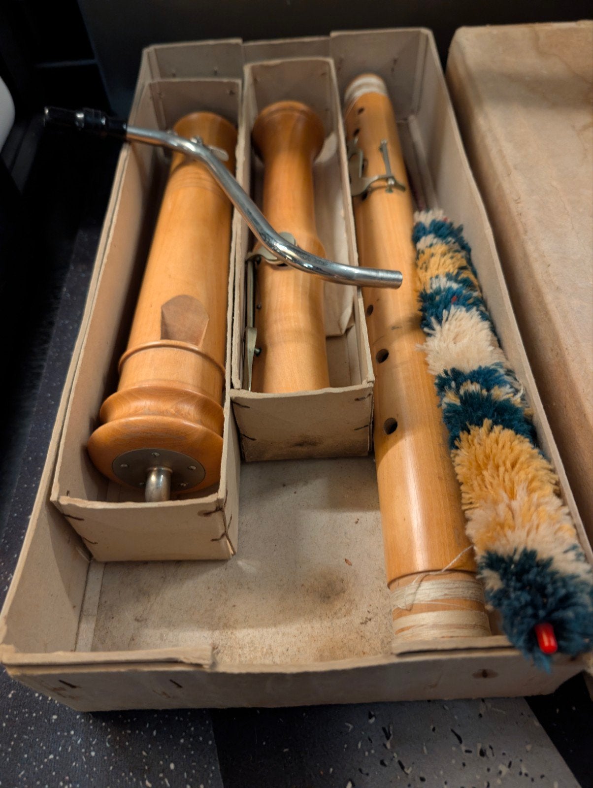 Vintage houten basblokfluit in originele doos schot moeck?, Muziek en Instrumenten, Ophalen of Verzenden, Gebruikt